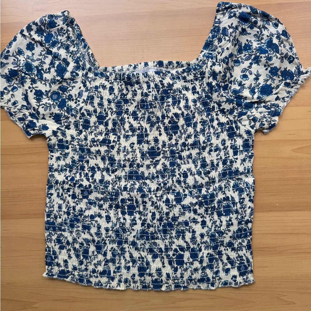 Blue and White Smocked Short Sleeve Blouse